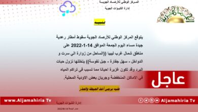 عاجل| مركز الأرصاد الجوية ينبه من أمطار رعدية مساء اليوم على شمال غرب ليبيا يتخللها حبات برد قد تتسبب في جريان الأودية