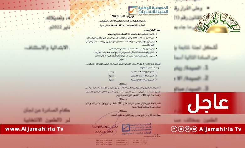 عاجل// المفوضية العليا للانتخابات تشكل لجنة لمتابعة وتوثيق الأحكام القضائية الصادرة في الطعون ذات العلاقة بالانتخابات الرئاسية