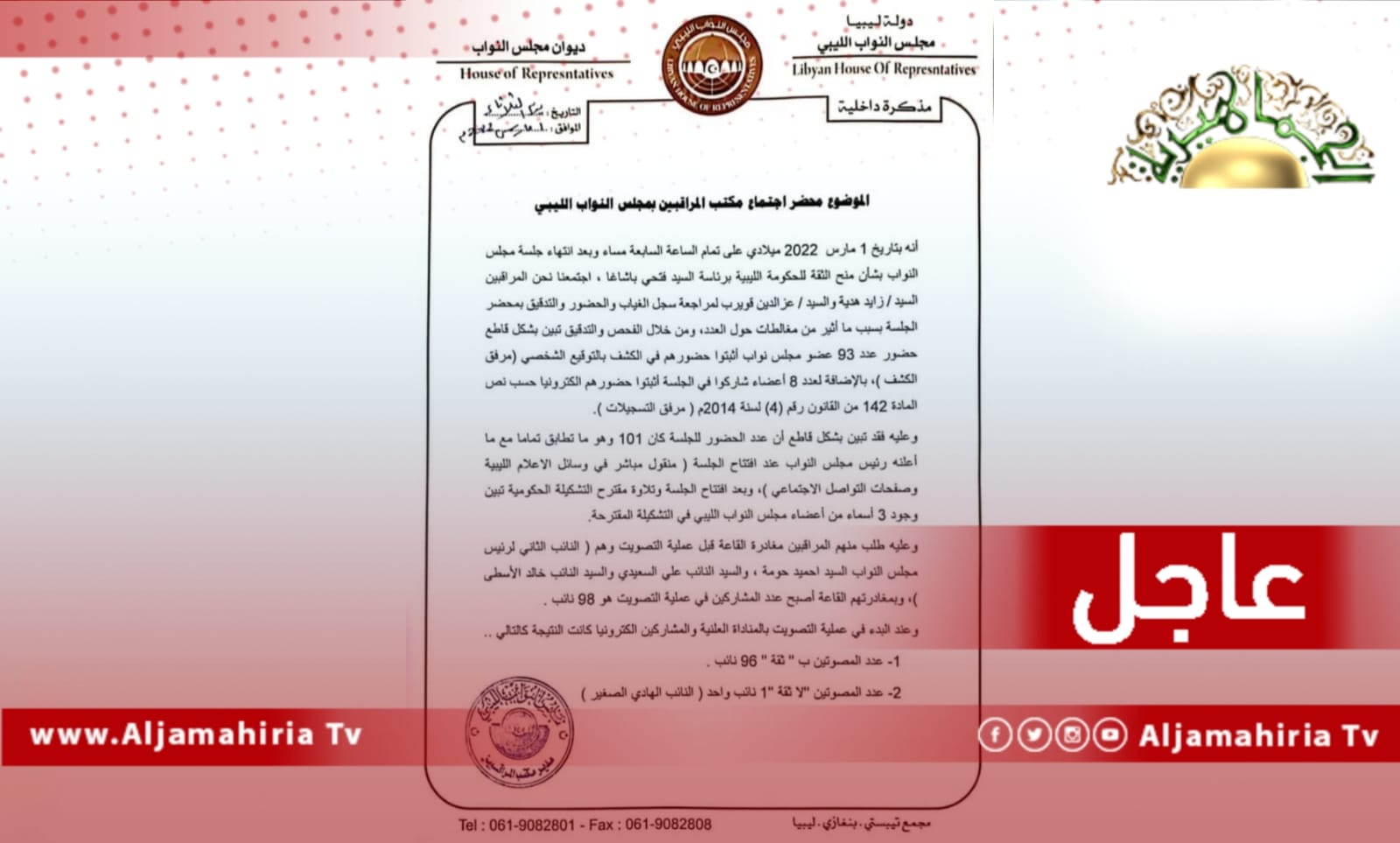 عاجل// محضر اجتماع مكتب المراقبين بمجلس النواب: عدد المصوتين بثقة على حكومة باشاغا الموازية أمس بلغ 96 ومن صوتوا بلا "ثقة" نائب واحد