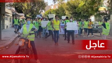 المتظاهرون أمام مقر مجلس الوزراء بطريق السكة طرابلس يرددون شعارات: ادبيبة يا خناب.. يا بايع لبلاد