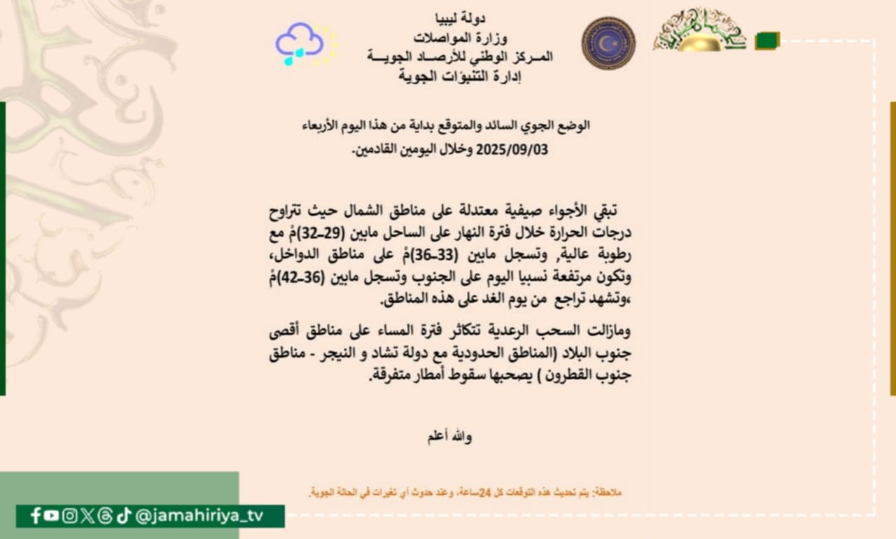 الأرصاد: الأجواء صيفية معتدلة على مناطق الشمال مع رطوبة عالية