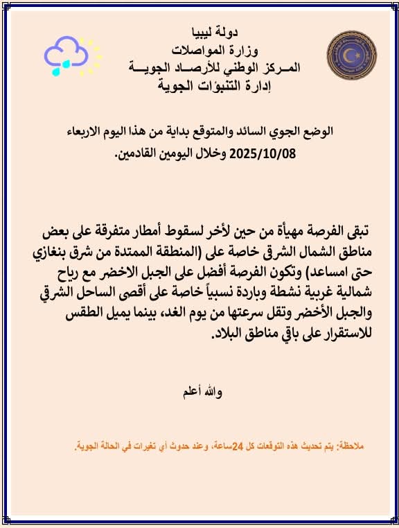 الأرصاد الليبية: استقرار نسبي في الطقس وأمطار متفرقة شرق البلاد