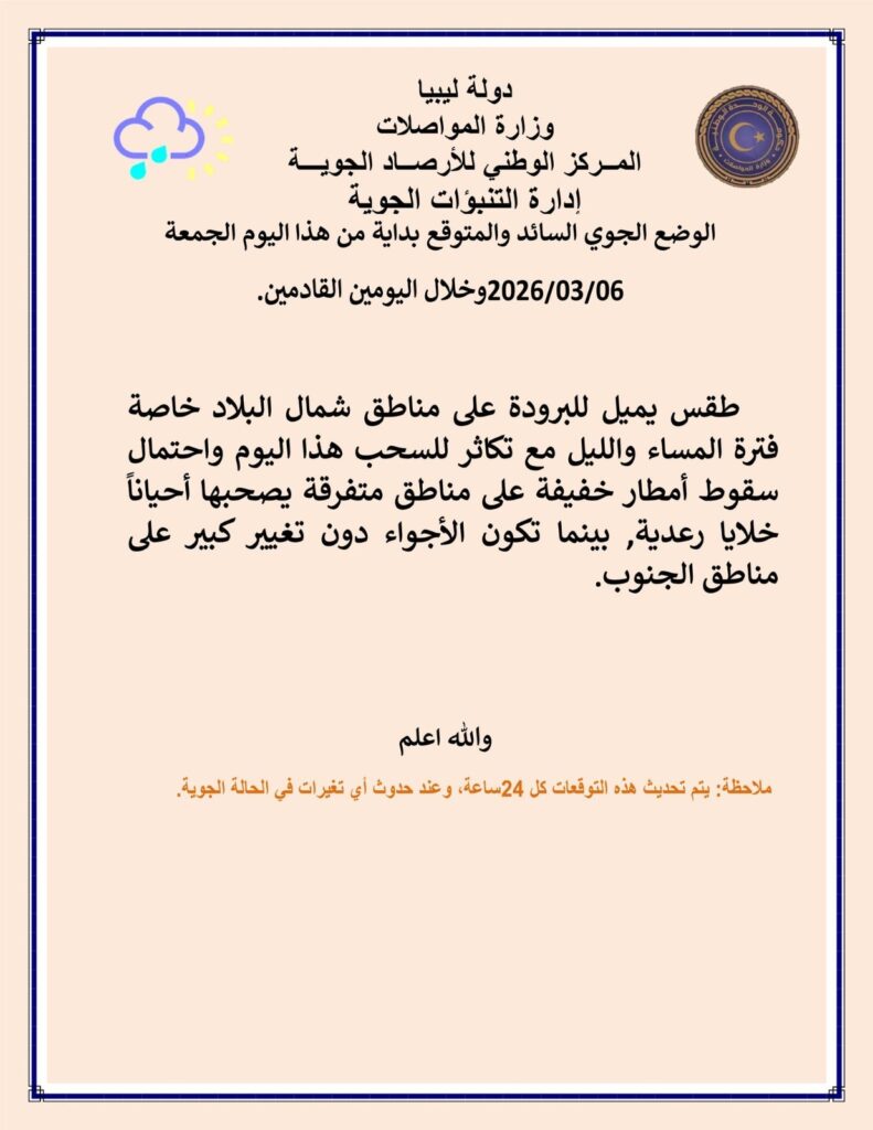 الأرصاد: أجواء باردة شمالاً ومستقرة جنوبا وأمطار متفرقة على بعض المناطق