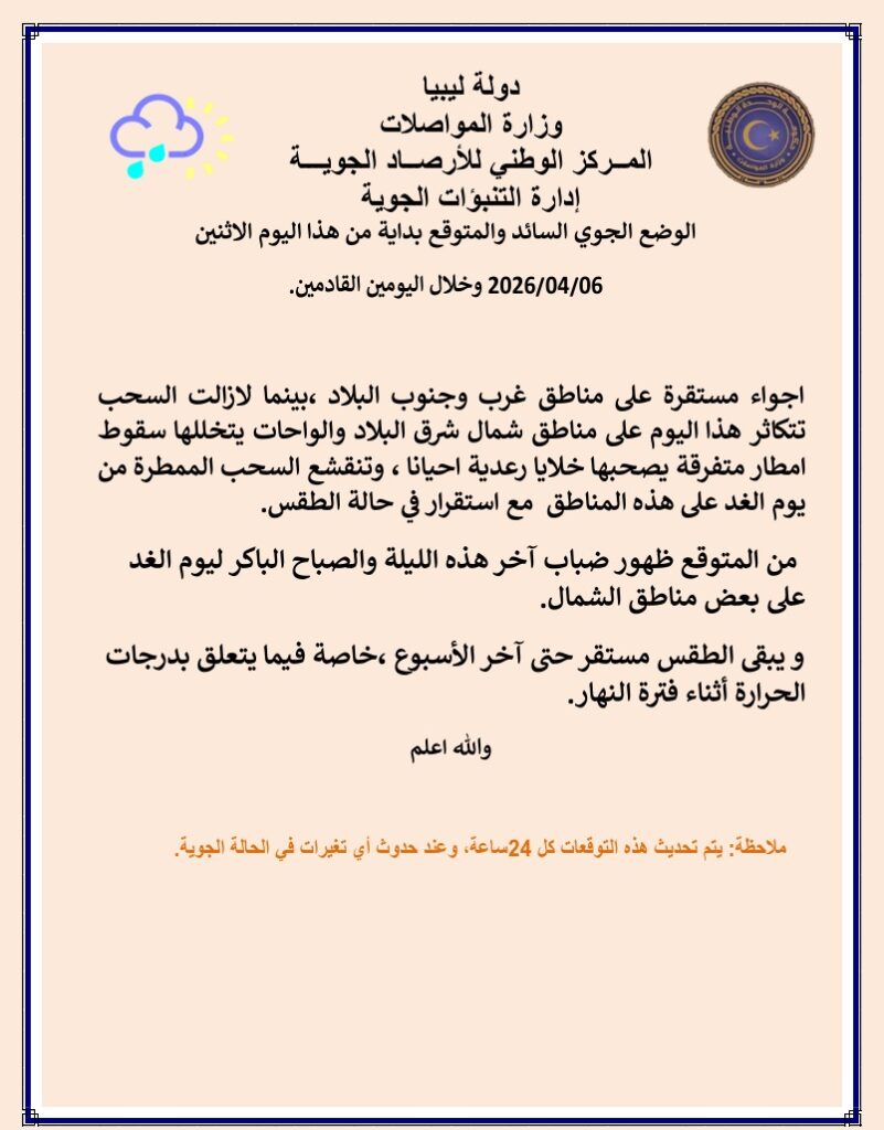 الأرصاد: استقرار الطقس غربا وجنوبا مع أمطار متفرقة شرقا