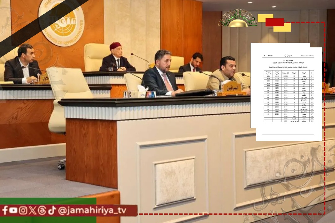 عاجل| مجلس النواب يعتمد جدولًا جديدا لمرتبات منتسبي الجيش تصل إلى 12,850 دينارا لرتبة المشير