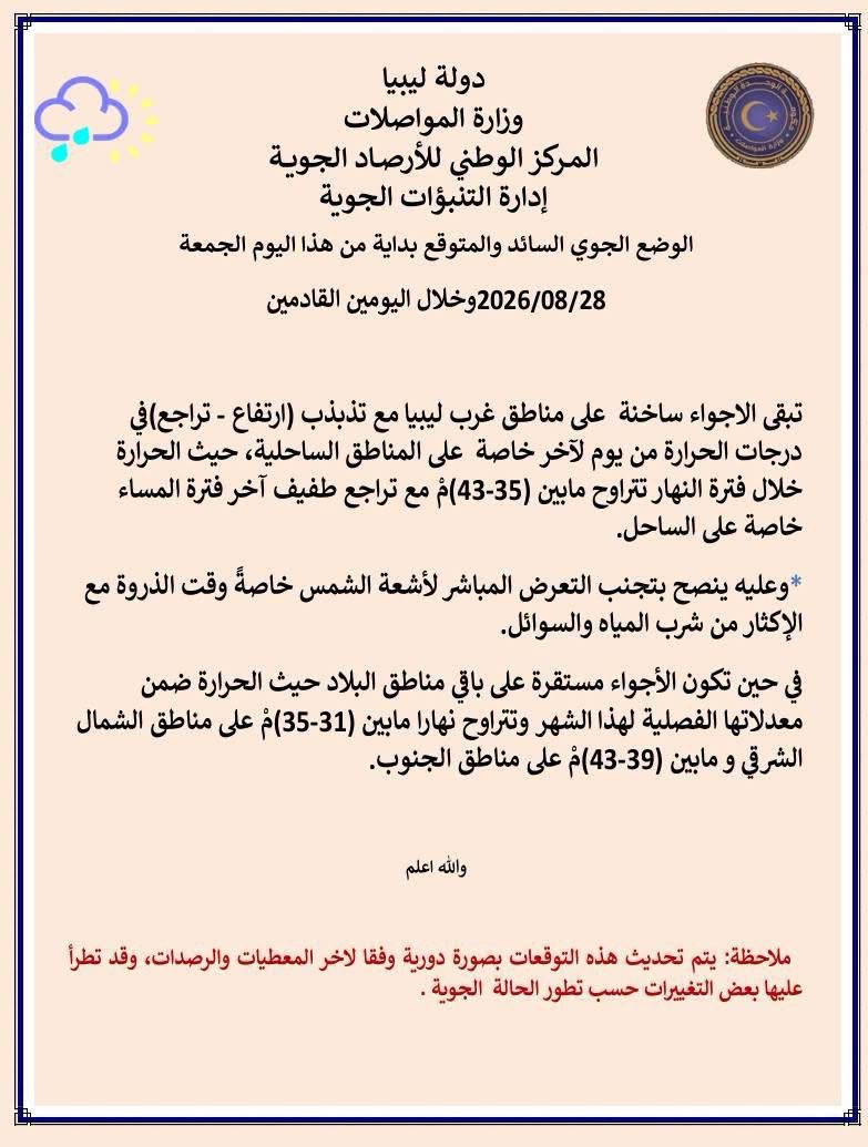 الأرصاد: أجواء ساخنة على الغرب ودرجات الحرارة تصل إلى 44 درجة