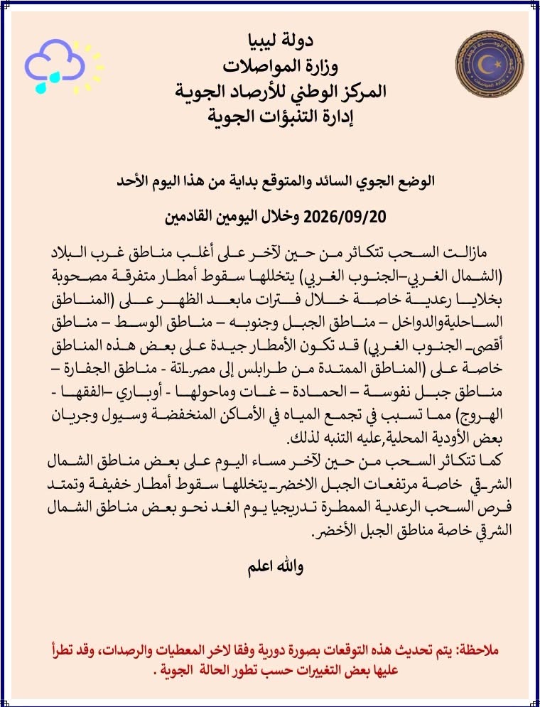 الأرصاد: استمرار سقوط أمطار متفرقة تصحبها خلايا رعدية غربا