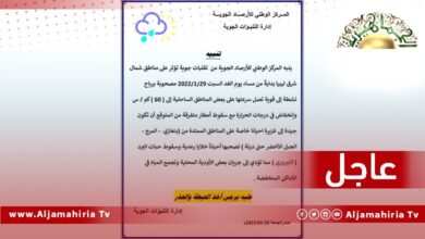 عاجل| مركز الأرصاد الجوية ينبه من تقلبات جوية تؤثر على مناطق شمال شرق ليبيا