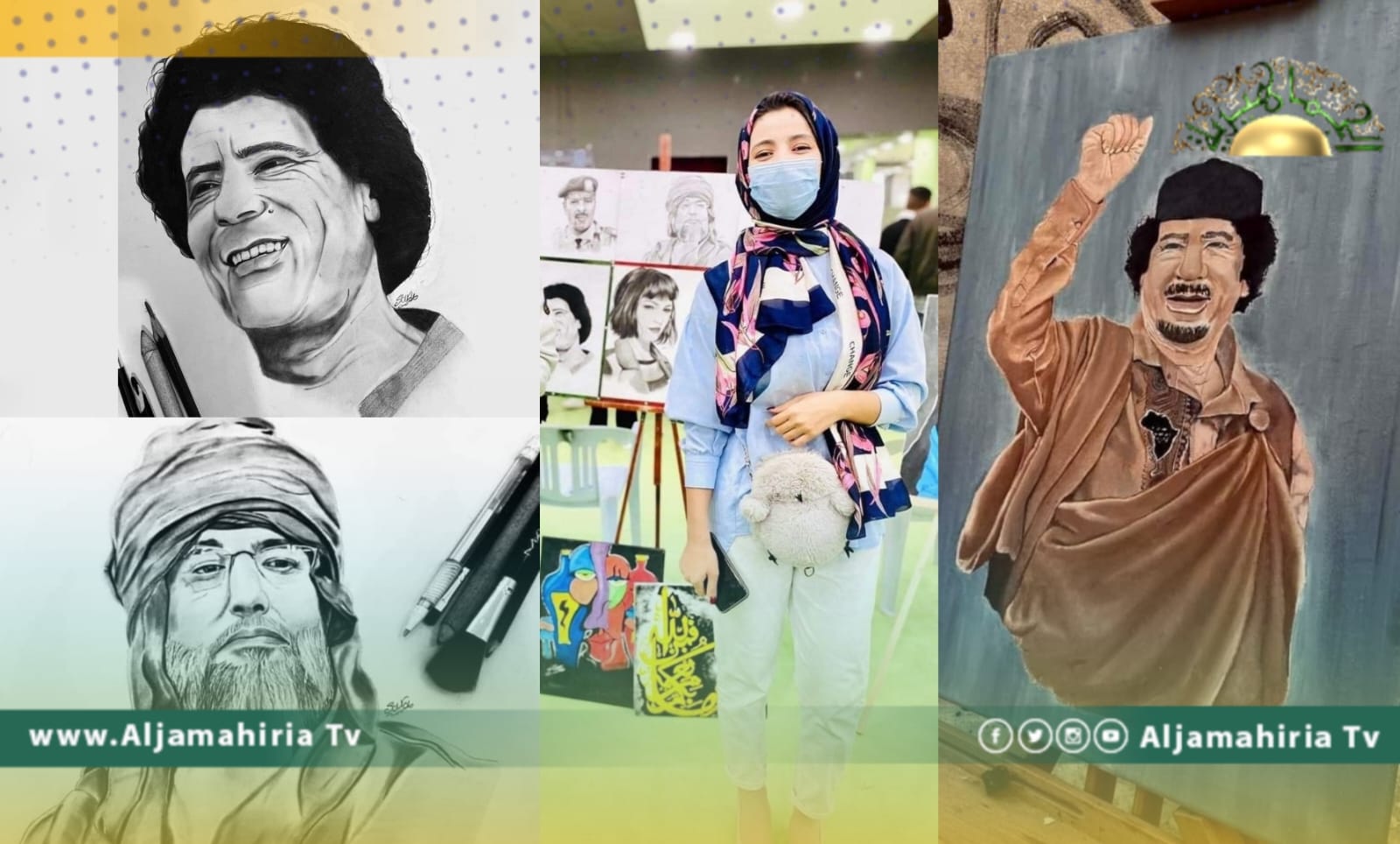 الفنانة سارة أبوزيد ترسم بريشتها الرائعة صورا للقائد الشهيد ونجله الدكتور سيف الإسلام